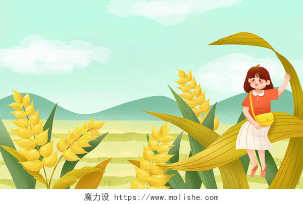 手绘小满坐在叶子上的小清新女孩原创插画海报